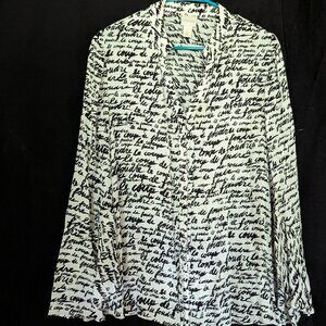 Chicos Blouse Womens 2 or L White and Black French Coup De Foudre Script